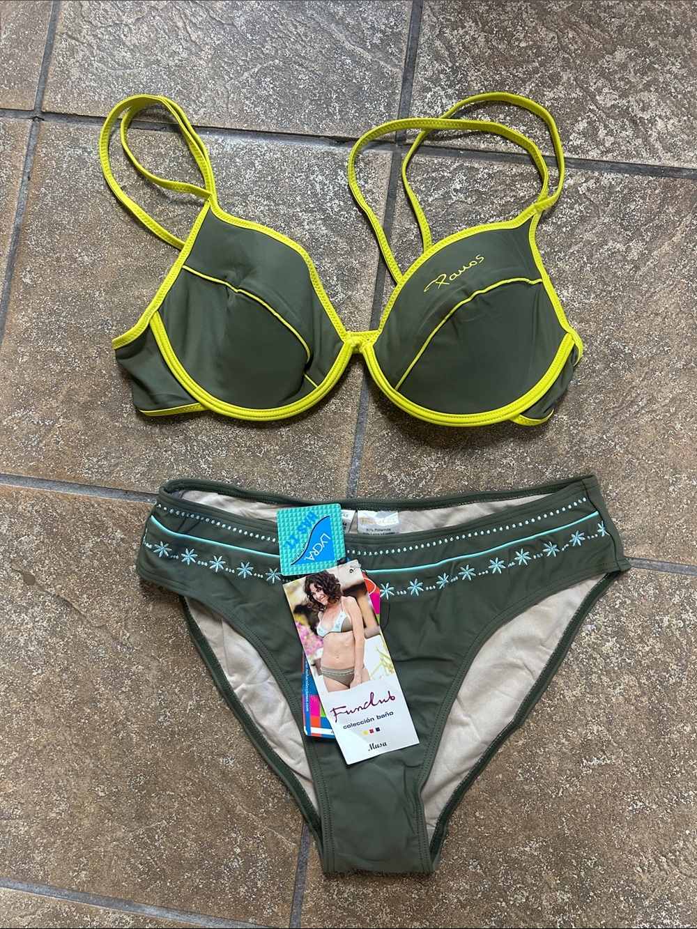 Olive Green Underwire Bikini with Neon Trim